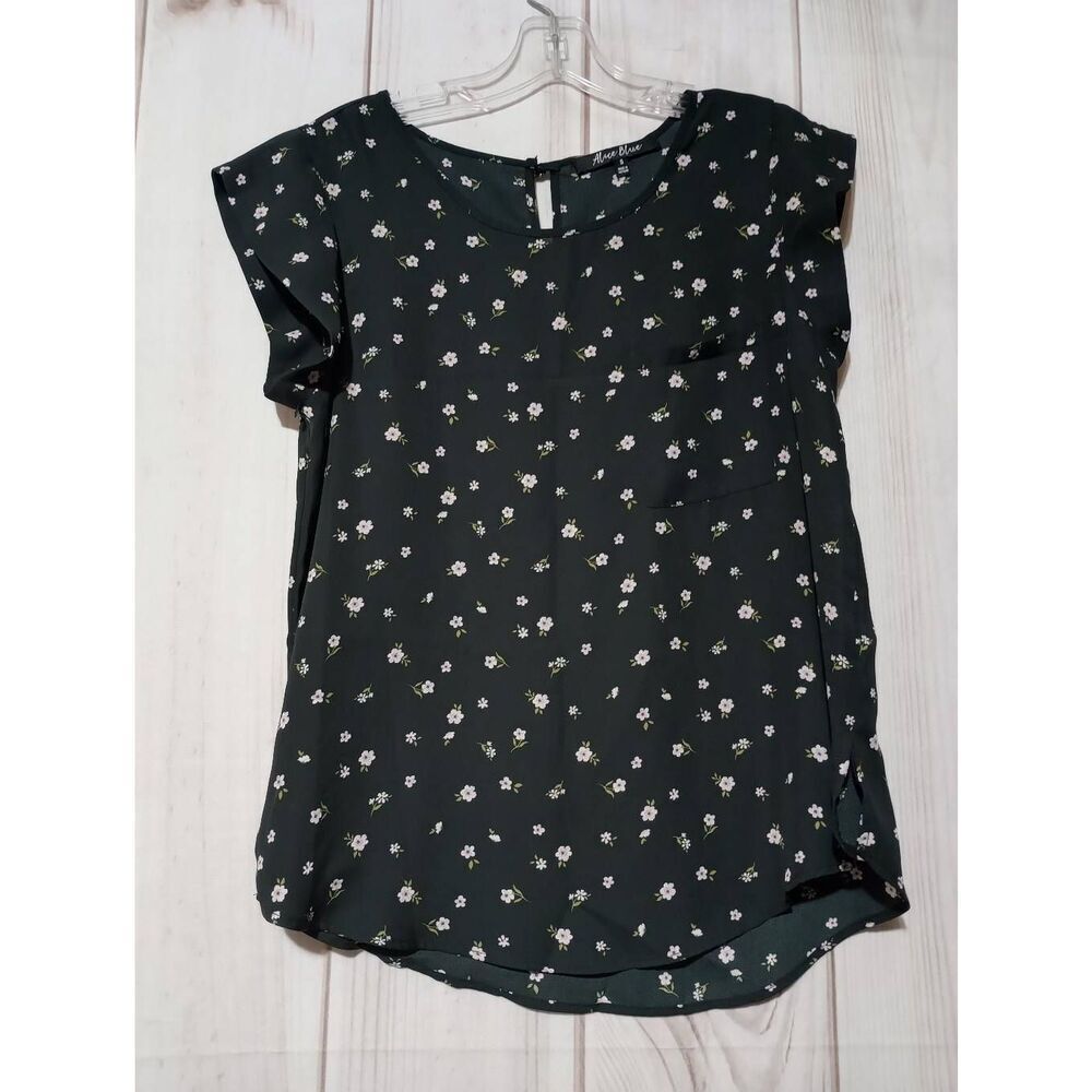 Alice Blue Shirt Ladies Small‎ Black Floral Round Neck Short Sleeve